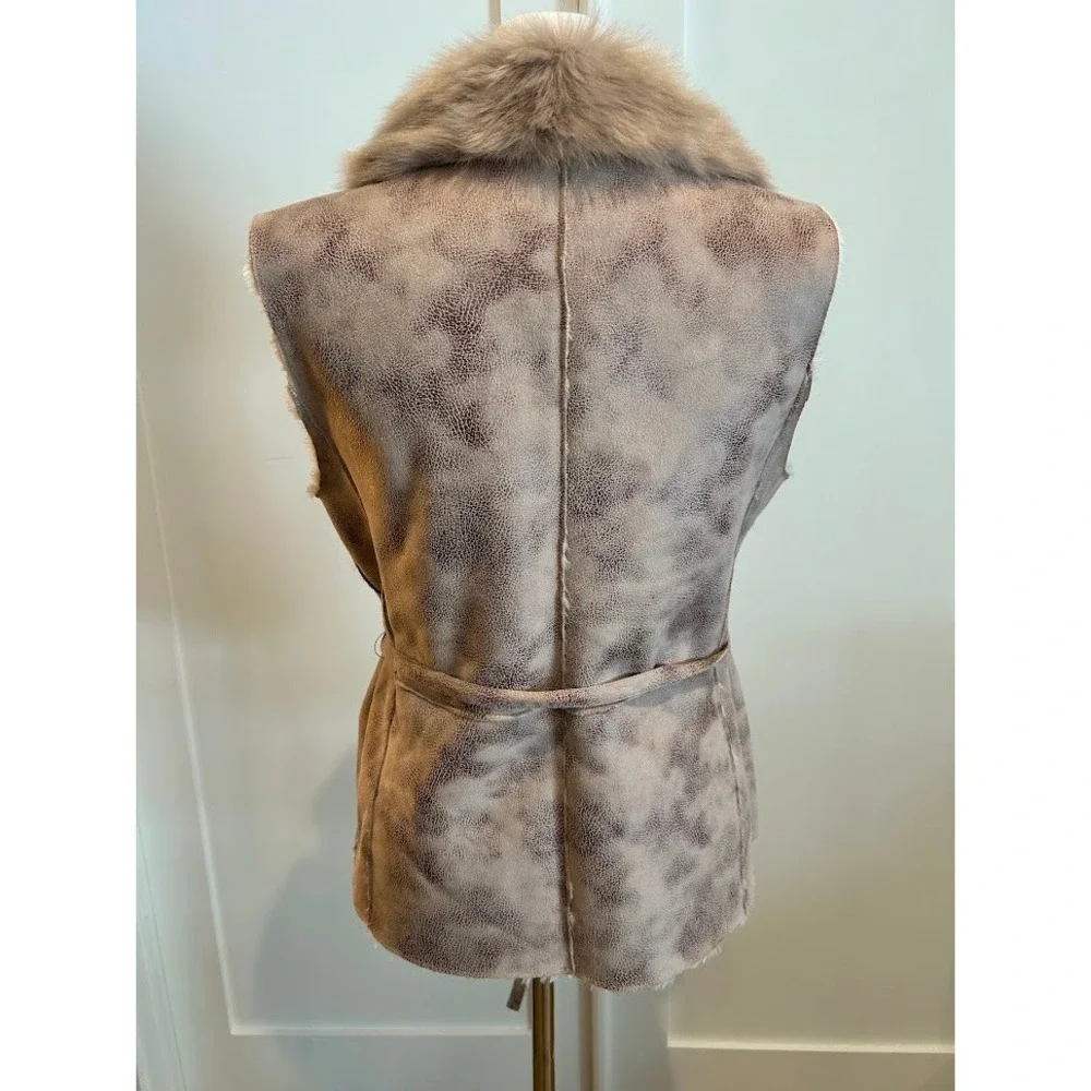 Women's Faux Fur Collar Suede Like Vest‎ Tie Waist Outerwear Layer Dennis Basso